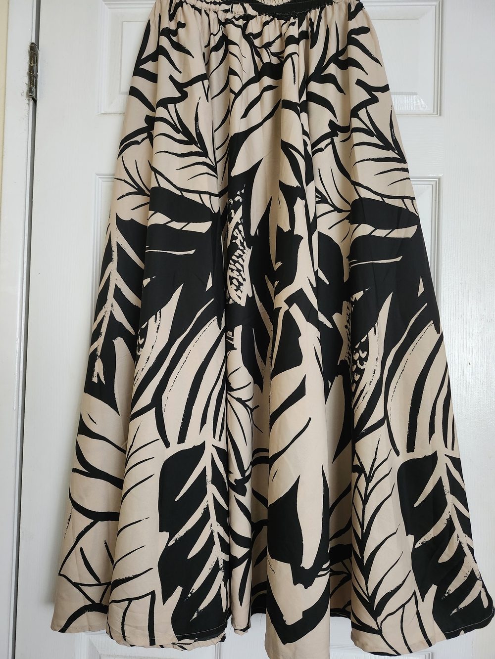 Beige and Black Tropical A-Line Midi Skirt